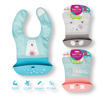 Babero plegable de silicona con bolsillo colector